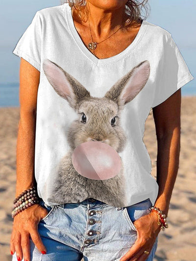 Women's Easter Bunny Theme Printed Short Sleeve T-Shirt