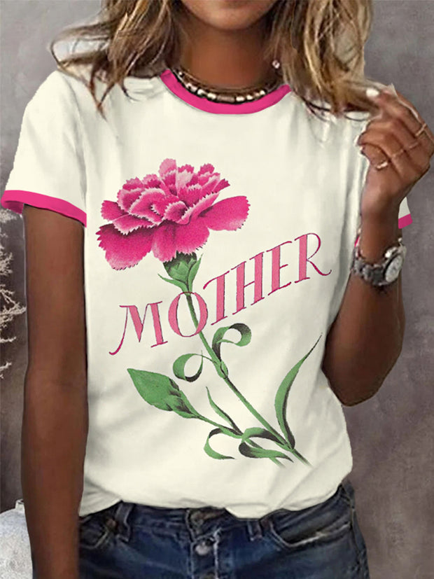 Women's Mother's Day Gift,Thank You Mom Carnation Print Casual Tee