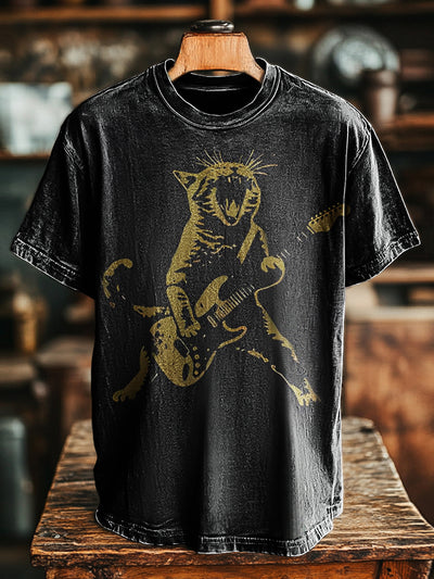Unisex Vintage Abstract Rock Cat Print Casual Loose T-Shirt