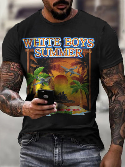 Men's White Boy Summer Printed Short Sleeve T-Shirt